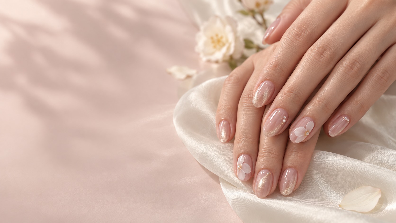Japanese-inspired blush jelly manicure with delicate floral details