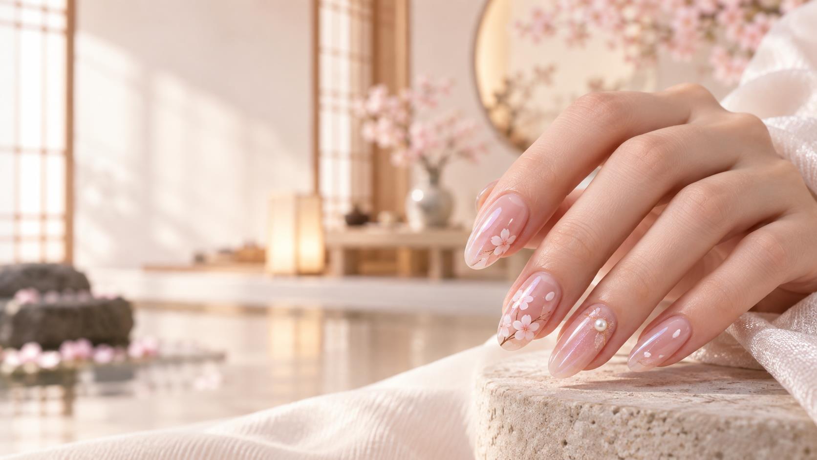 Japanese-inspired translucent pink manicure with hand-painted sakura details