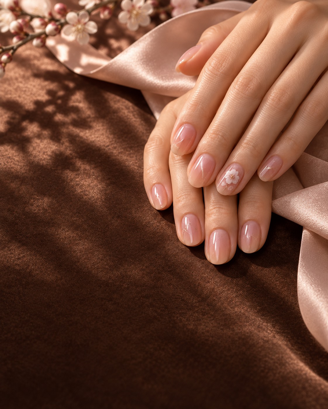 Japanese-inspired peach jelly manicure with a delicate plum blossom detail